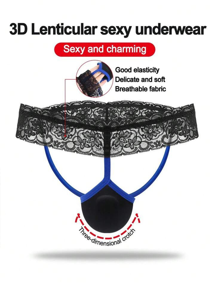 Fashionable Black Cup With Vibrant Blue Trim, Black Waistband With Lace Trim Men's Lingerie